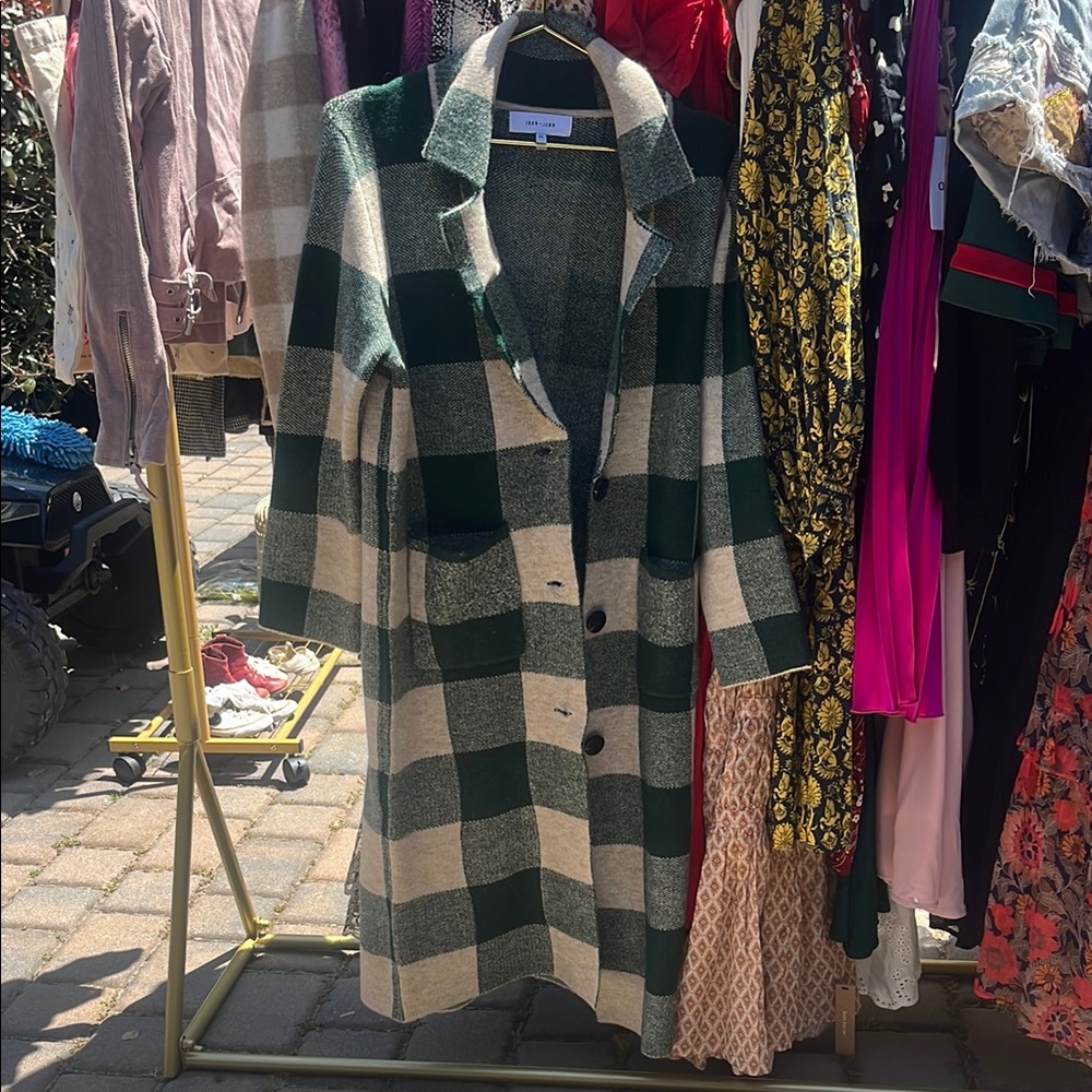 John & Jenn Anthropologie XS P Green and Cream Plaid Sweater Long Coat